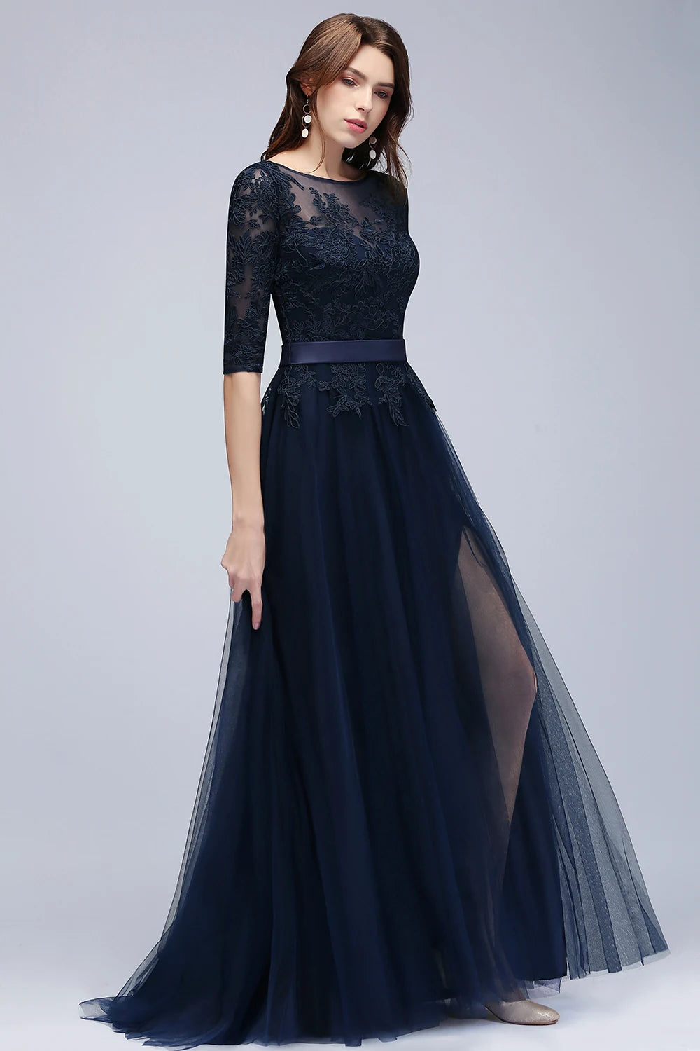 Navy Blue Lace Appliqué Tulle Evening Gown for Women