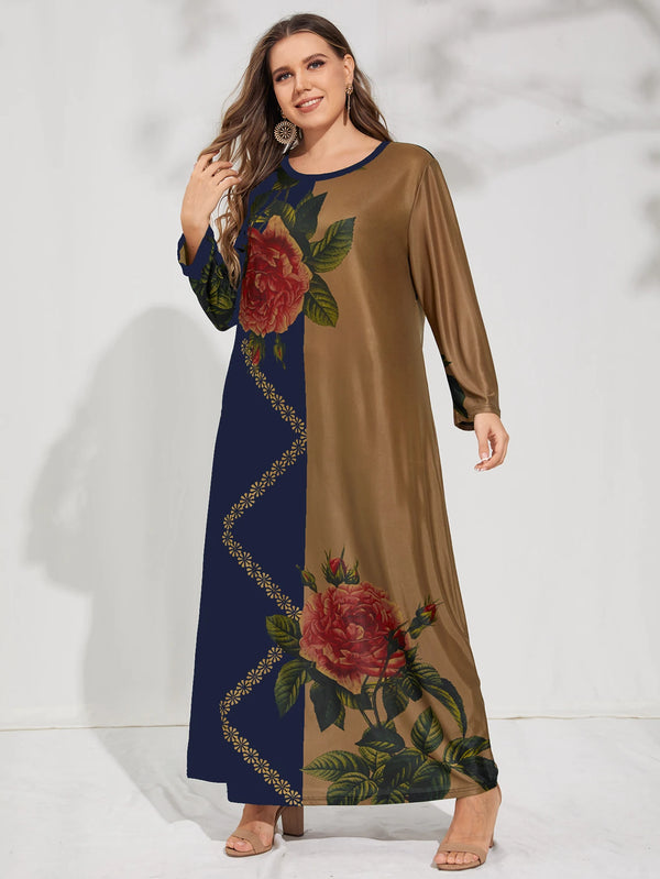 Plus Size Floral Contrast Long Sleeve Dress