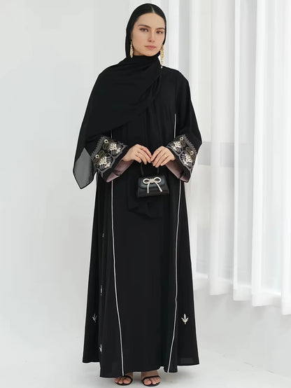 Middle East Style Muslim Kaftan Black Fabric Embroidered Sleeve Design White Line Accents for Gulf Region Modest Fashion Events