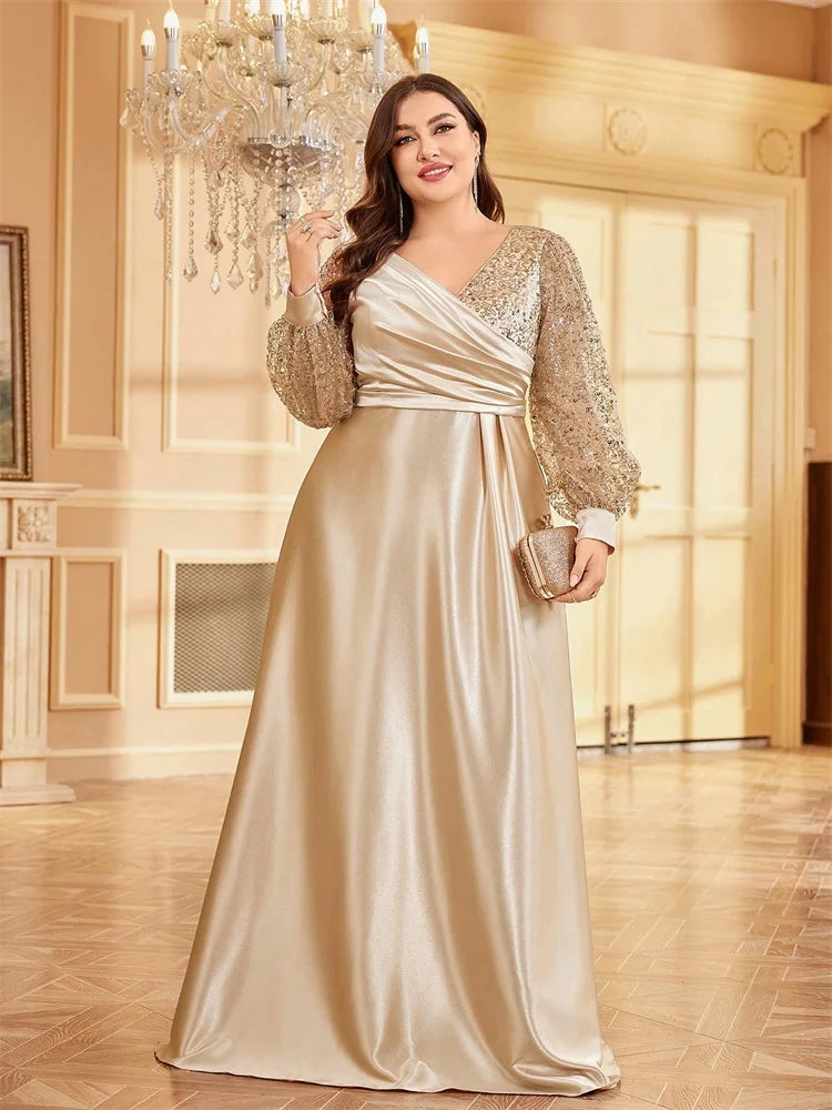 Plus Size Green Sequin V-Neck Evening Gown