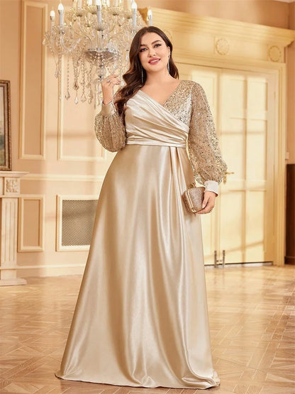Plus Size Green Sequin V-Neck Evening Gown