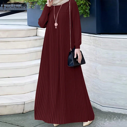 ZANZEA Modest Hijabs Women Pleated Long Dresses Casual O-Neck Long Sleeve Loose Maxi Dress Abaya Robes Woman Muslim Clothes 3XL