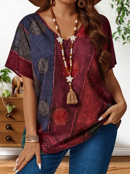 Plus Size Color Block Batwing Sleeve Blouse