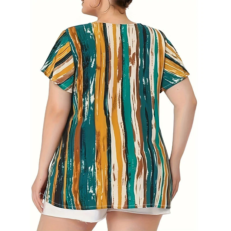 Plus Size Abstract Stripe Print V-Neck Top