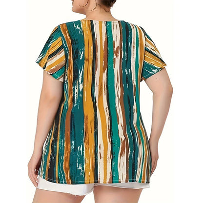 Plus Size Abstract Stripe Print V-Neck Top