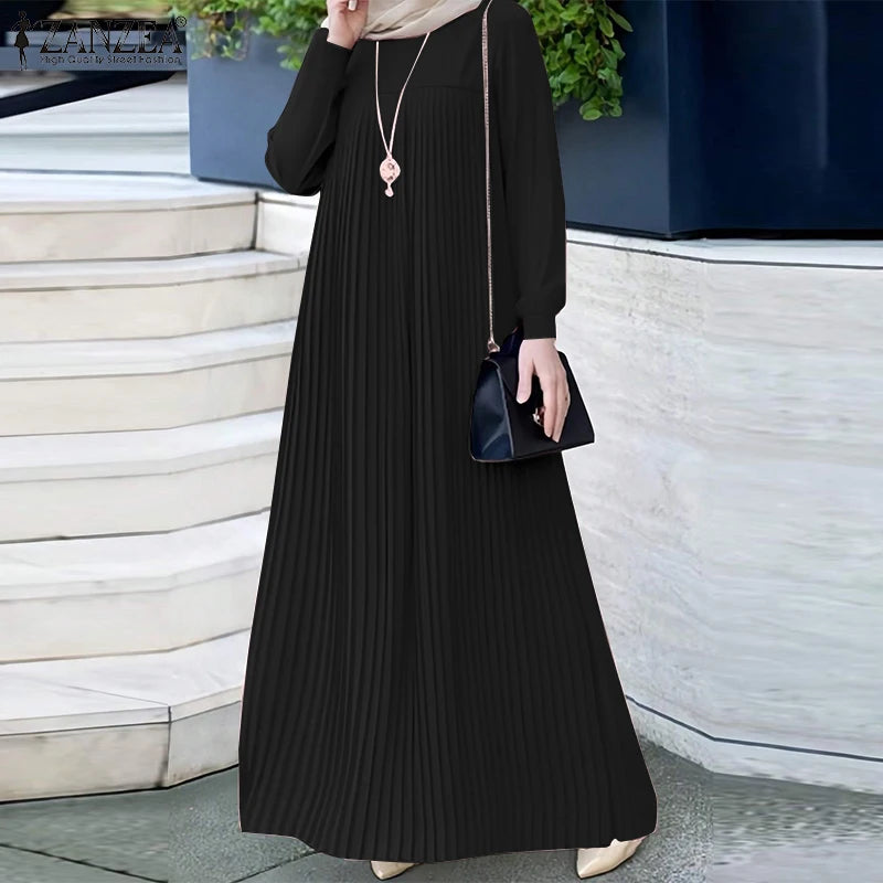 ZANZEA Modest Hijabs Women Pleated Long Dresses Casual O-Neck Long Sleeve Loose Maxi Dress Abaya Robes Woman Muslim Clothes 3XL