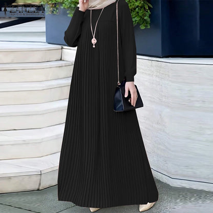 ZANZEA Modest Hijabs Women Pleated Long Dresses Casual O-Neck Long Sleeve Loose Maxi Dress Abaya Robes Woman Muslim Clothes 3XL