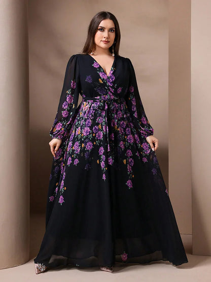 TOLEEN Plus Size Floral Print V-Neck Maxi Dress
