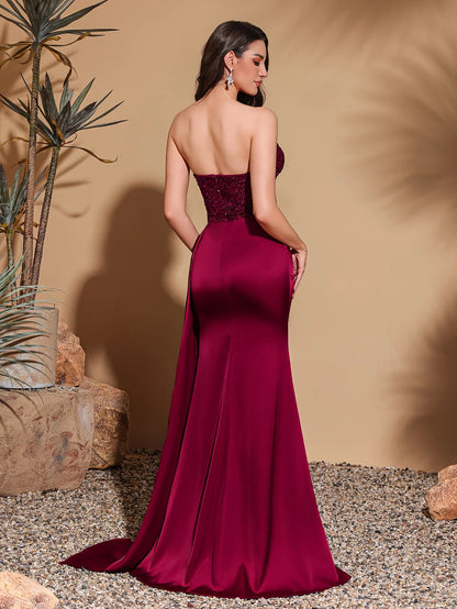 Sequin Tube Top Satin Evening Gown for Women