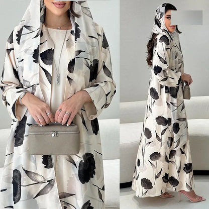 Watercolor Floral Print Abaya & Hijab 2-Piece Set for Women