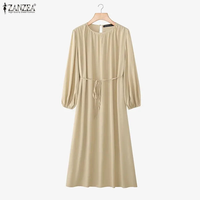 ZANZEA Elegant Lantern Sleeve Pleated Abaya Kaftan Dress for Women