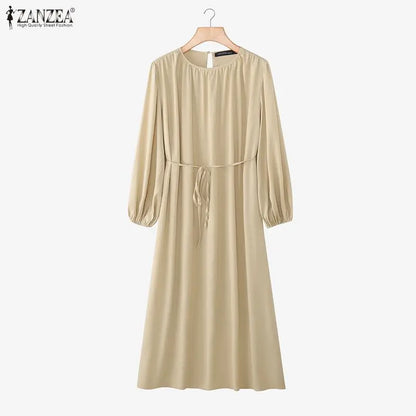 ZANZEA Elegant Lantern Sleeve Pleated Abaya Kaftan Dress for Women