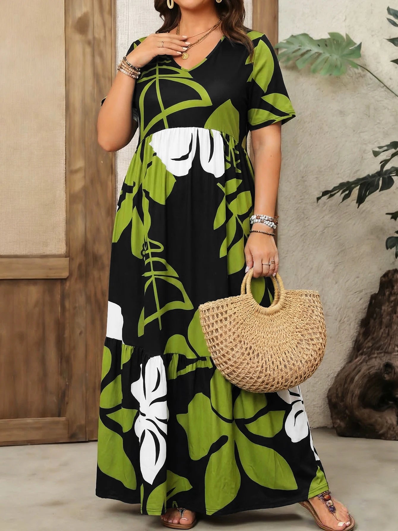 Plus Size Tropical Floral Tiered Maxi Dress