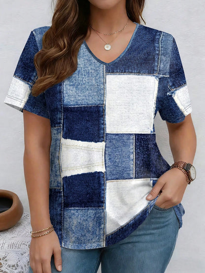 Women’s Denim Print V-Neck Casual T-Shirt