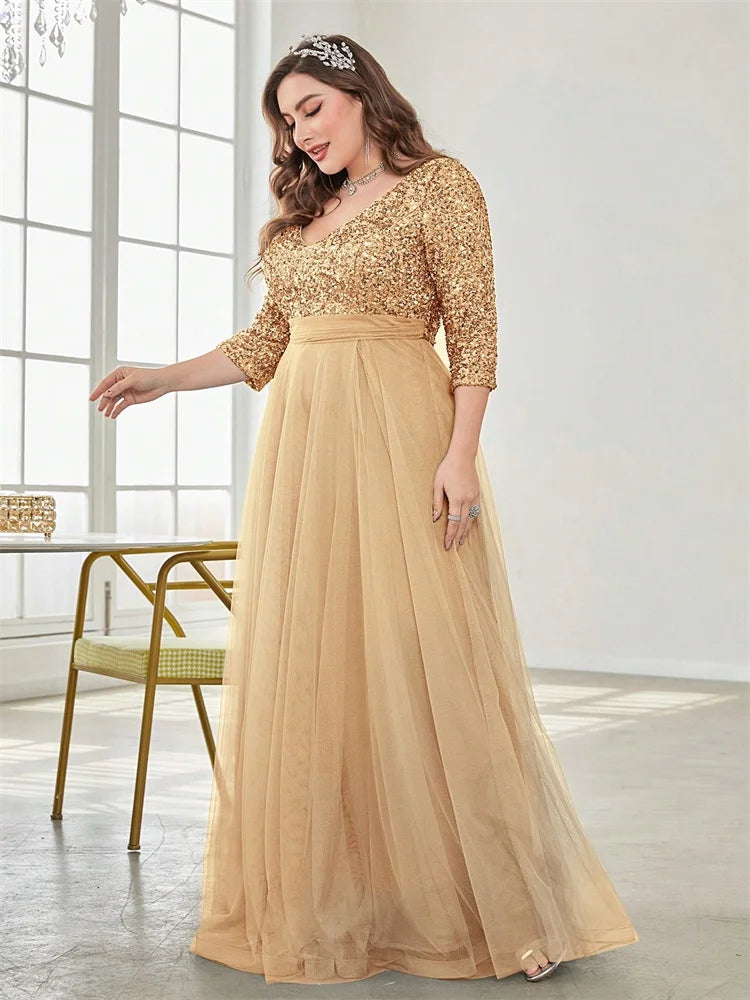 Plus Size Sequin V-Neck Floor-Length Evening Gown for Women