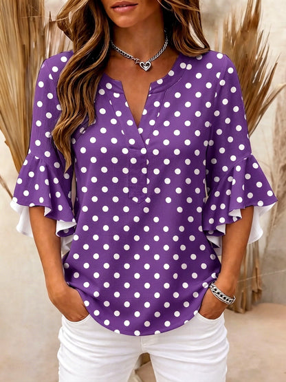 Women’s Polka Dot Ruffle Sleeve V-Neck Blouse