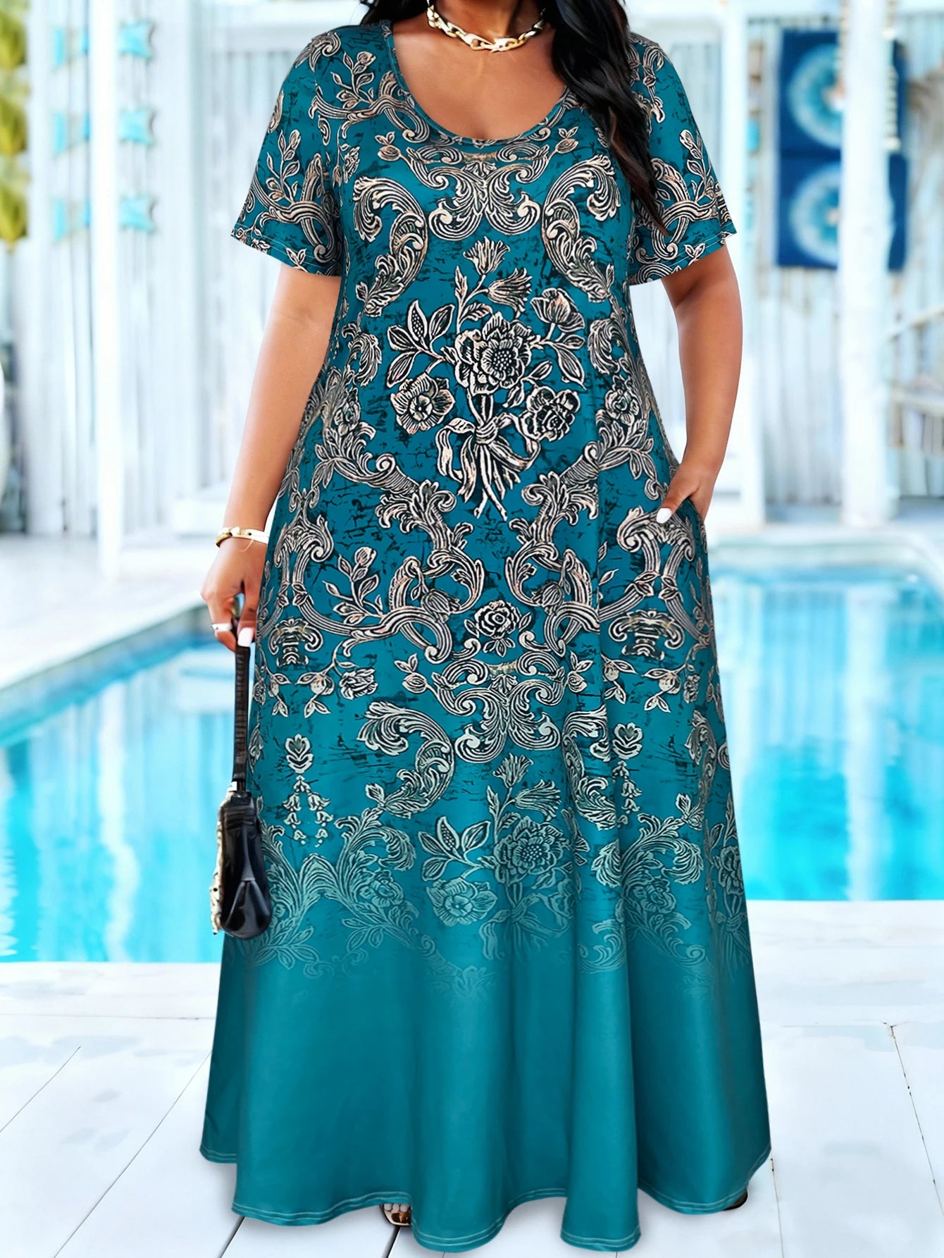 Plus Size Teal Floral Print Maxi Sundress