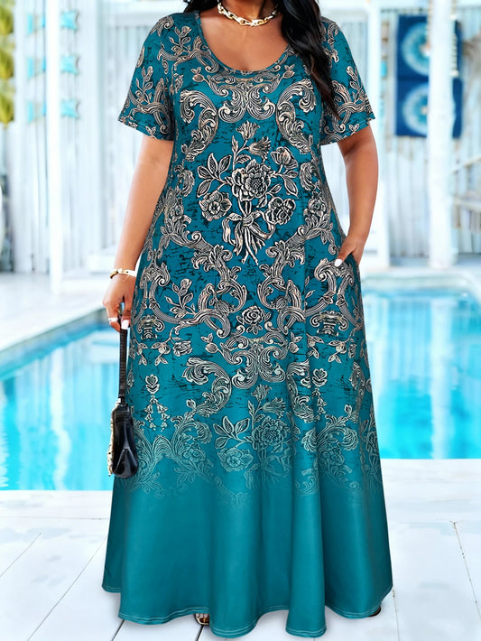 Plus Size Teal Floral Print Maxi Sundress