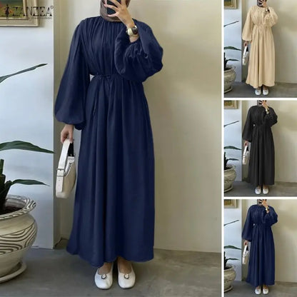 ZANZEA Elegant Lantern Sleeve Pleated Abaya Kaftan Dress for Women