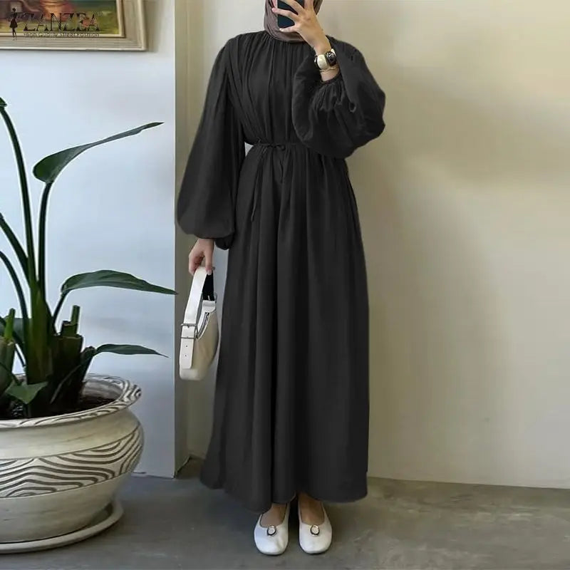 ZANZEA Elegant Lantern Sleeve Pleated Abaya Kaftan Dress for Women
