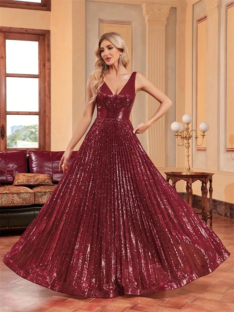 Luxury Red Sequin V-Neck Evening Gown for Women