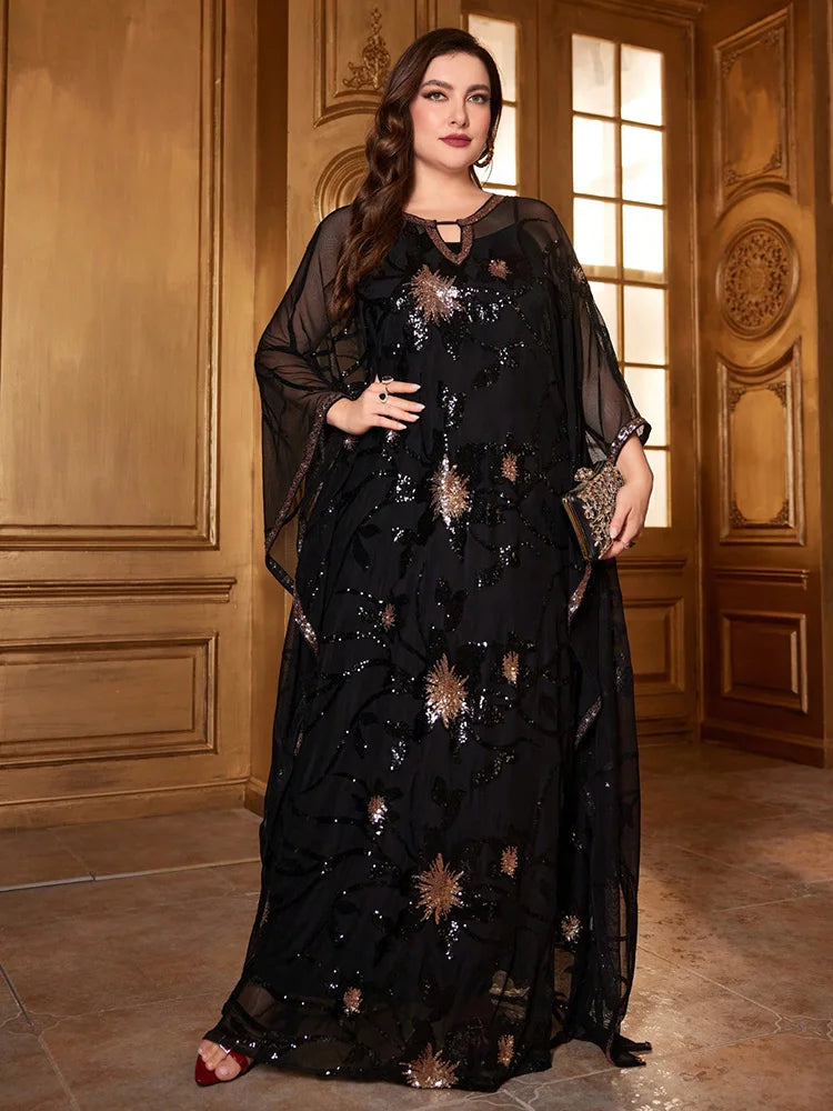 TOLEEN Plus Size Sequin Batwing Sleeve Evening Dress