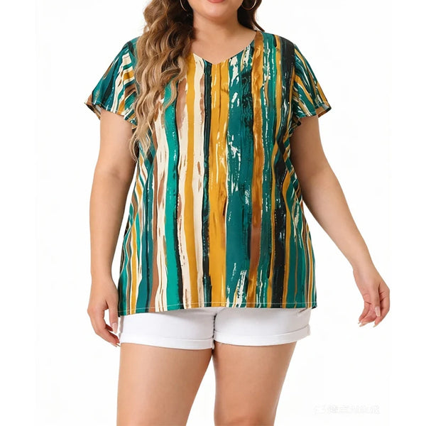Plus Size Abstract Stripe Print V-Neck Top