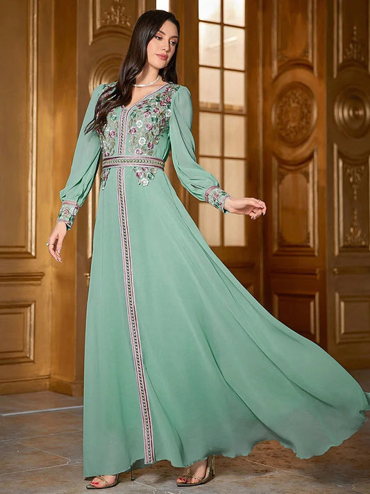 TOLEEN Luxury Floral Embroidery Kaftan Jalabiya Dress