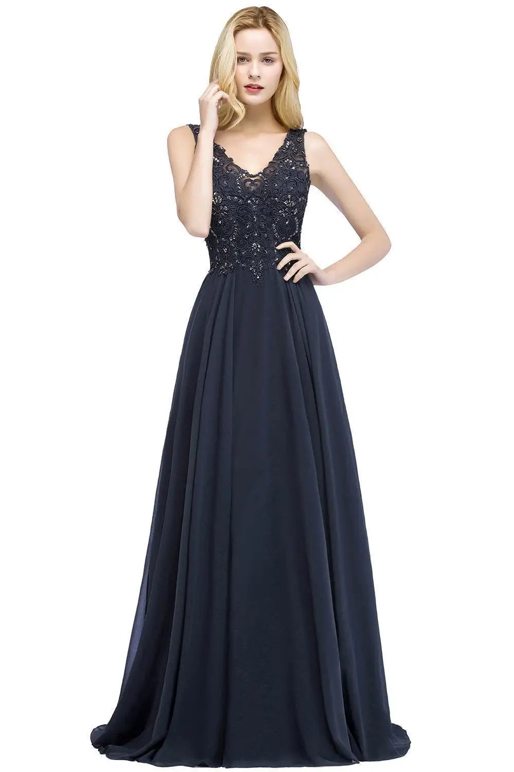 Elegant Navy Blue Chiffon Beaded Evening Gown for Women