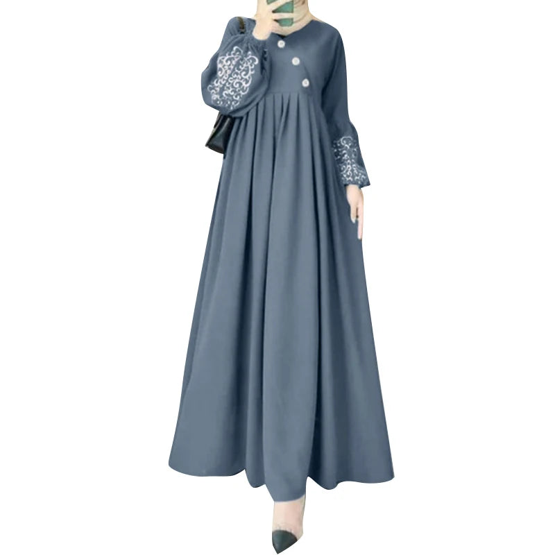 ZANZEA Printed Lantern Sleeve Pleated Abaya Maxi Dress for Women