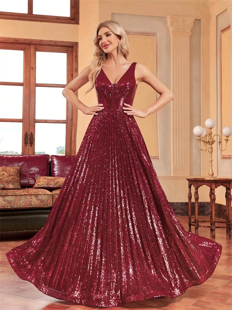 Luxury Red Sequin V-Neck Evening Gown for Women