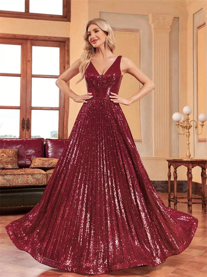 Luxury Red Sequin V-Neck Evening Gown for Women