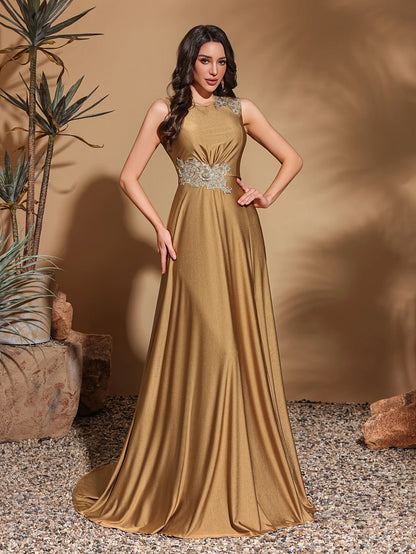 Asymmetrical Appliqué Sleeveless Slit Back Evening Gown for Women