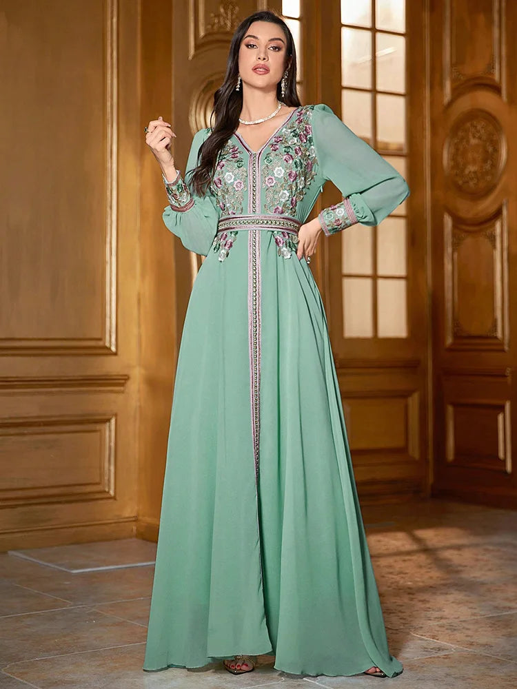 TOLEEN Luxury Floral Embroidery Kaftan Jalabiya Dress