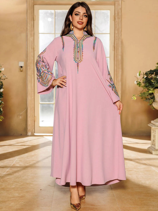 Moroccan Embroidered Light Pink Abaya Dress for Women