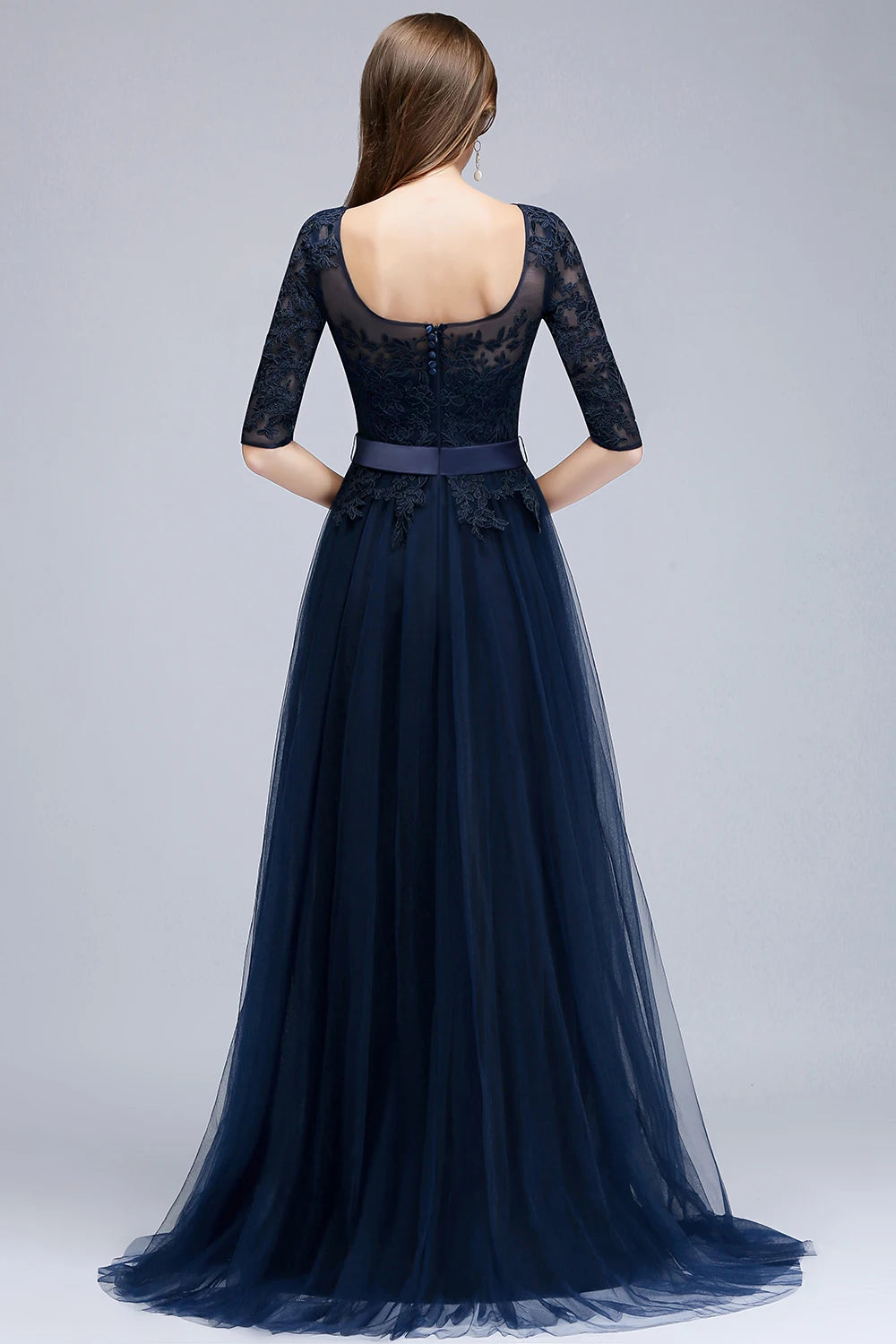 Navy Blue Lace Appliqué Tulle Evening Gown for Women