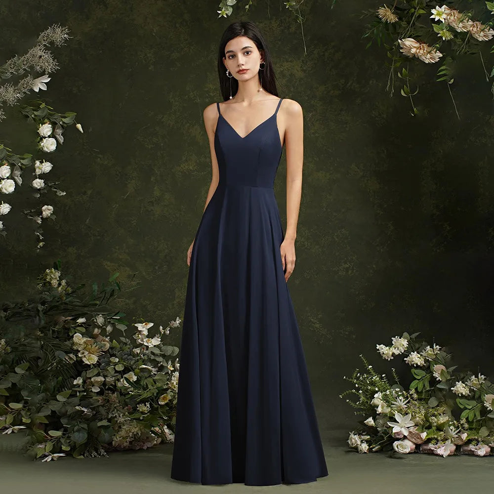 Elegant Sleeveless V-Neck Lace Back Bridesmaid Gown for Women
