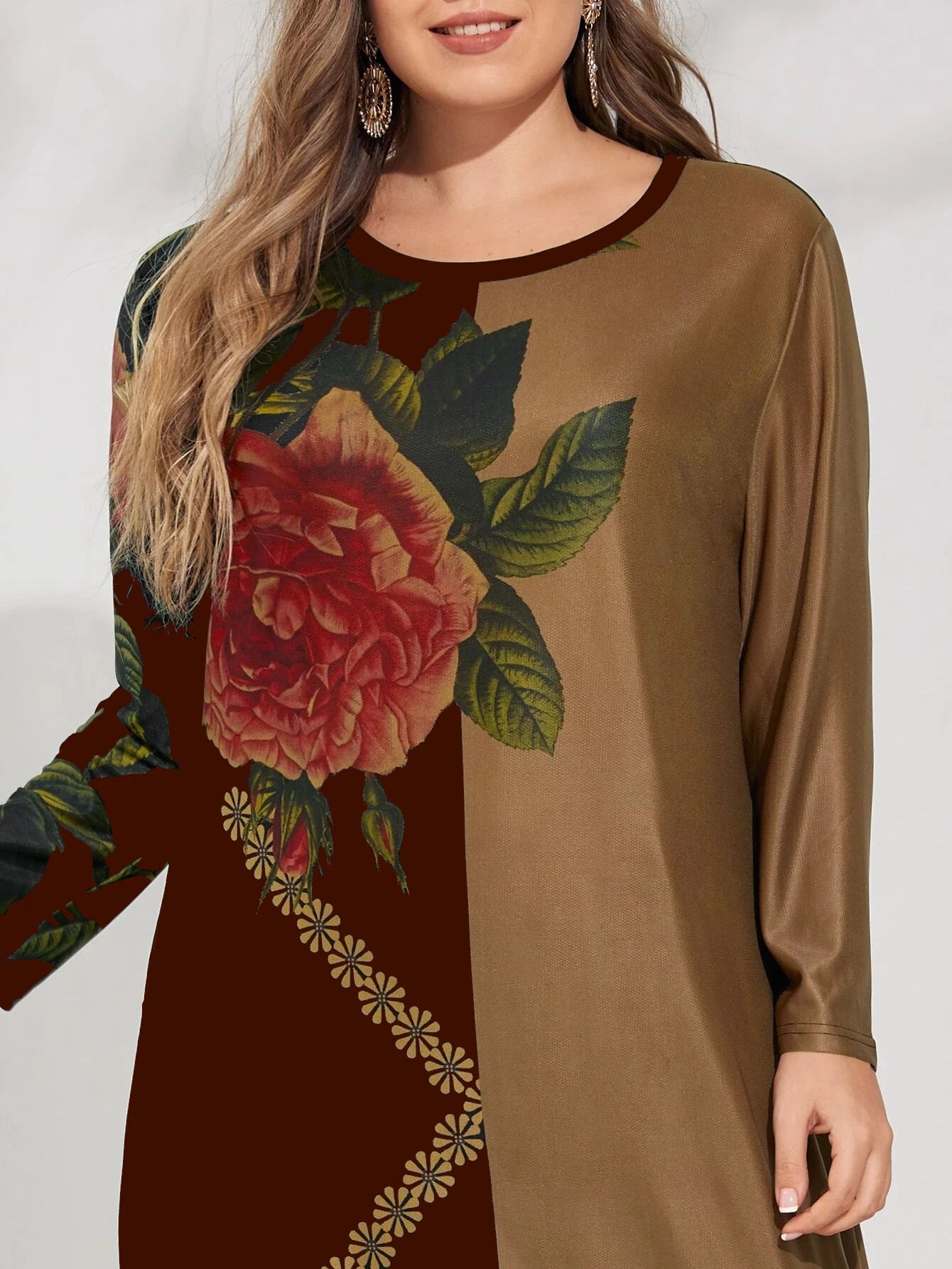 Plus Size Floral Contrast Long Sleeve Dress
