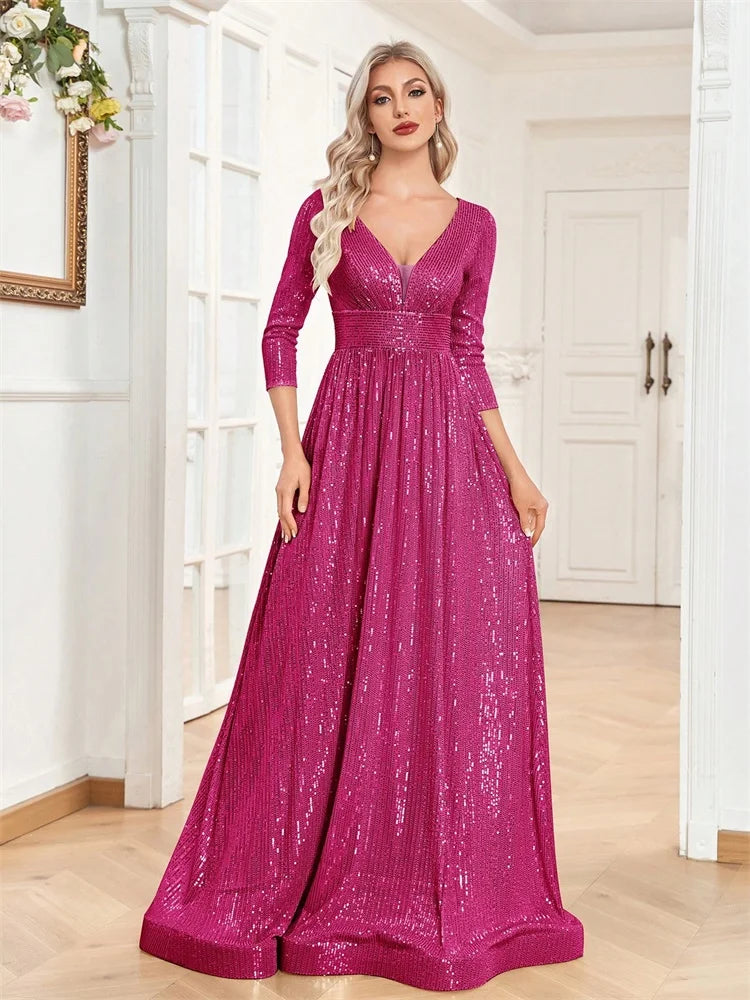 Luxury Blue Sequin V-Neck Evening Gown for Women