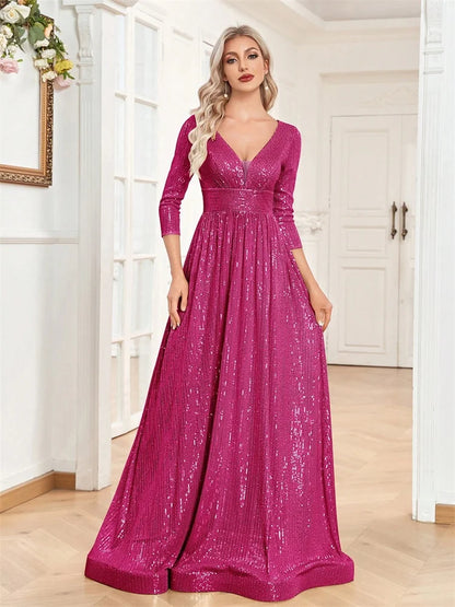 Luxury Blue Sequin V-Neck Evening Gown for Women
