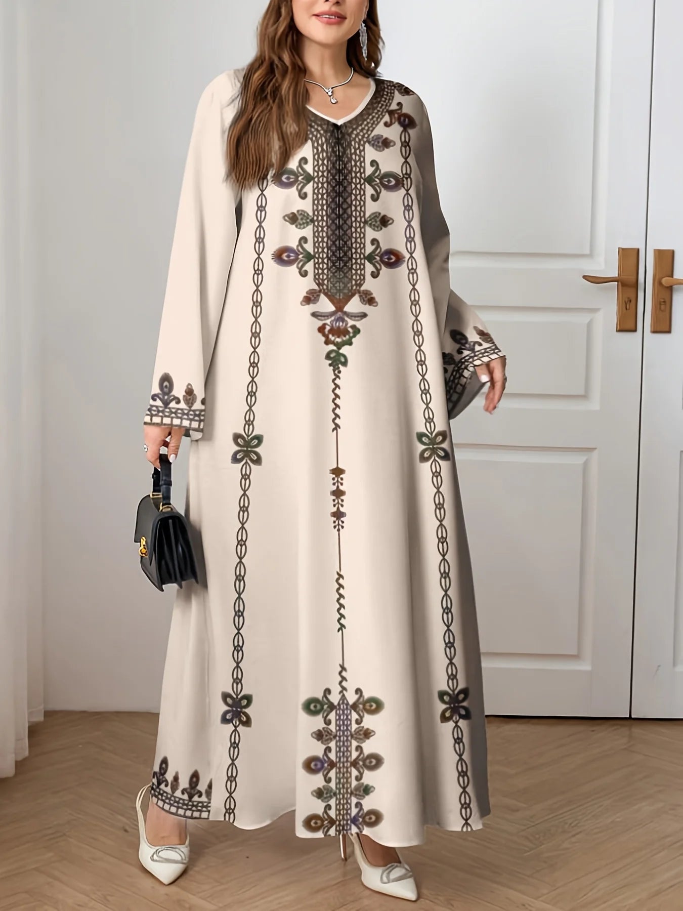 Plus Size Ethnic Print Long Sleeve Robe Dress