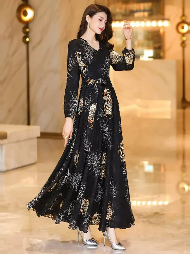 Women’s Printed V-Neck Long Sleeve Maxi Dress