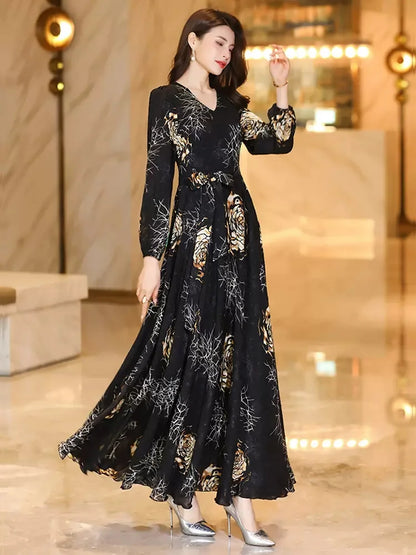 Women’s Printed V-Neck Long Sleeve Maxi Dress