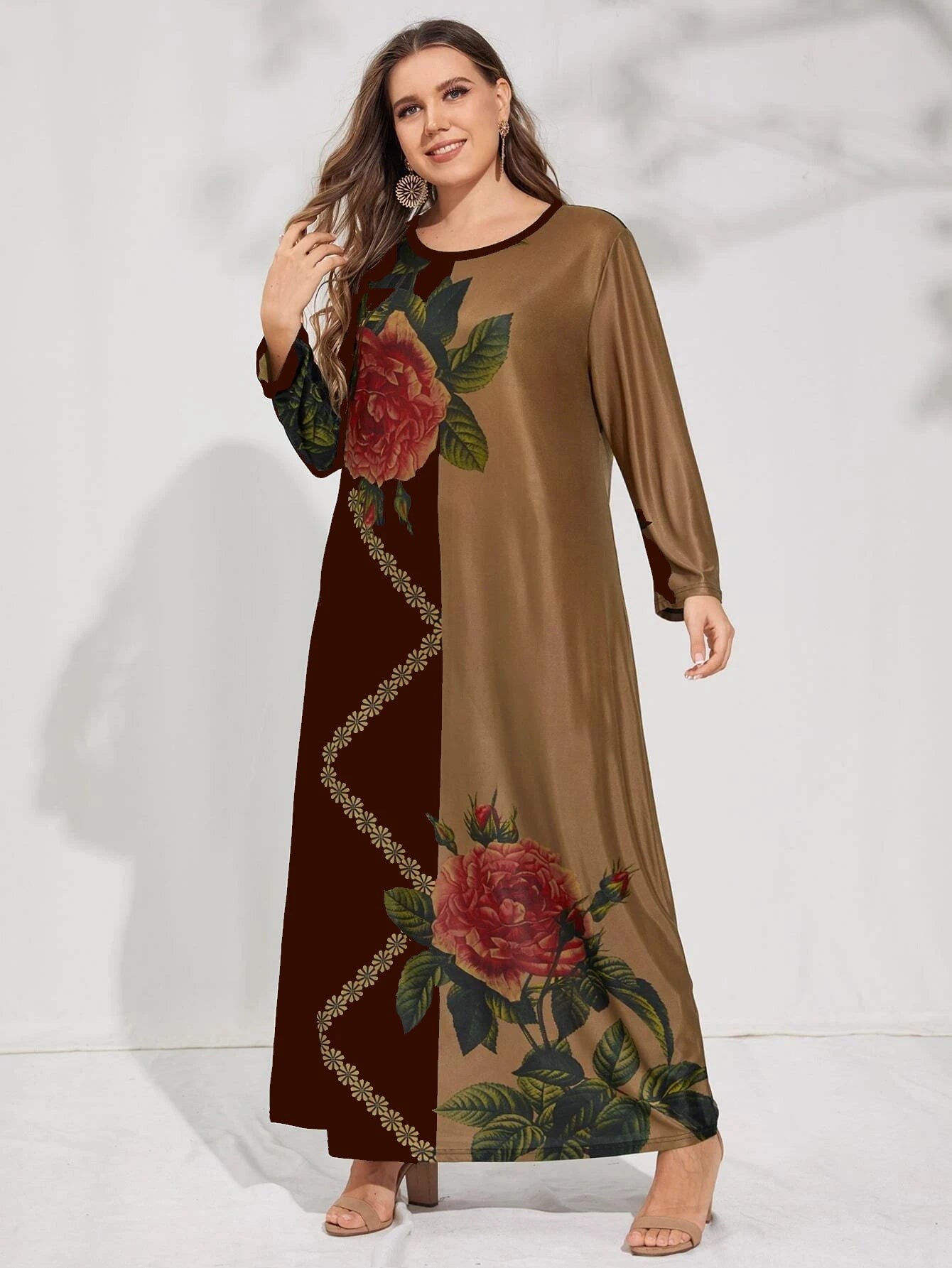 Plus Size Floral Contrast Long Sleeve Dress