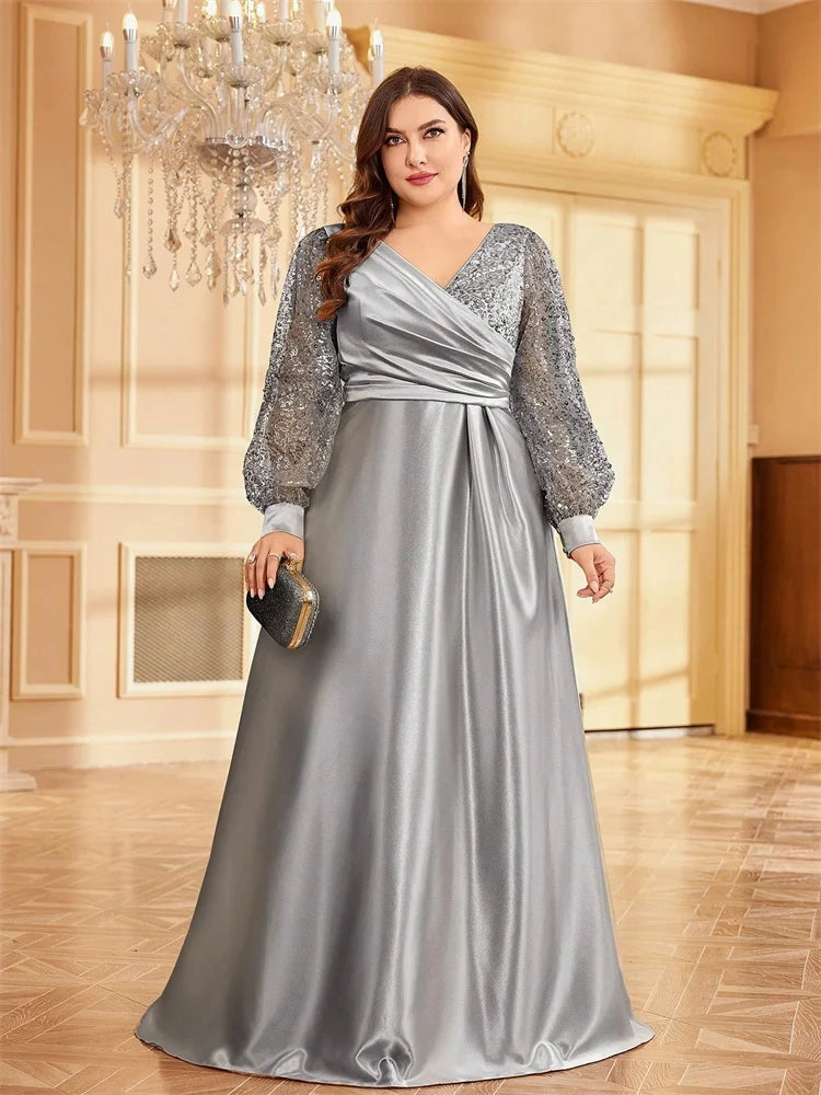 Plus Size Green Sequin V-Neck Evening Gown