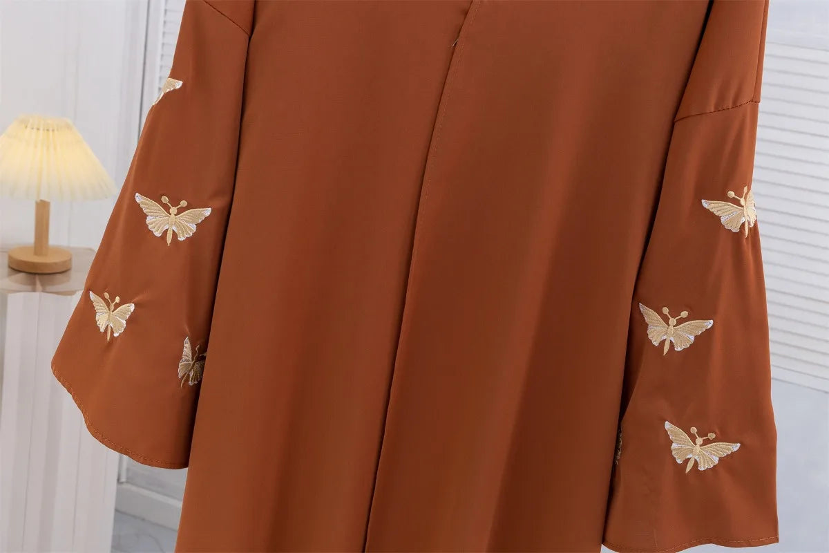 Butterfly Embroidered Open Front Abaya Maxi Dress for Women