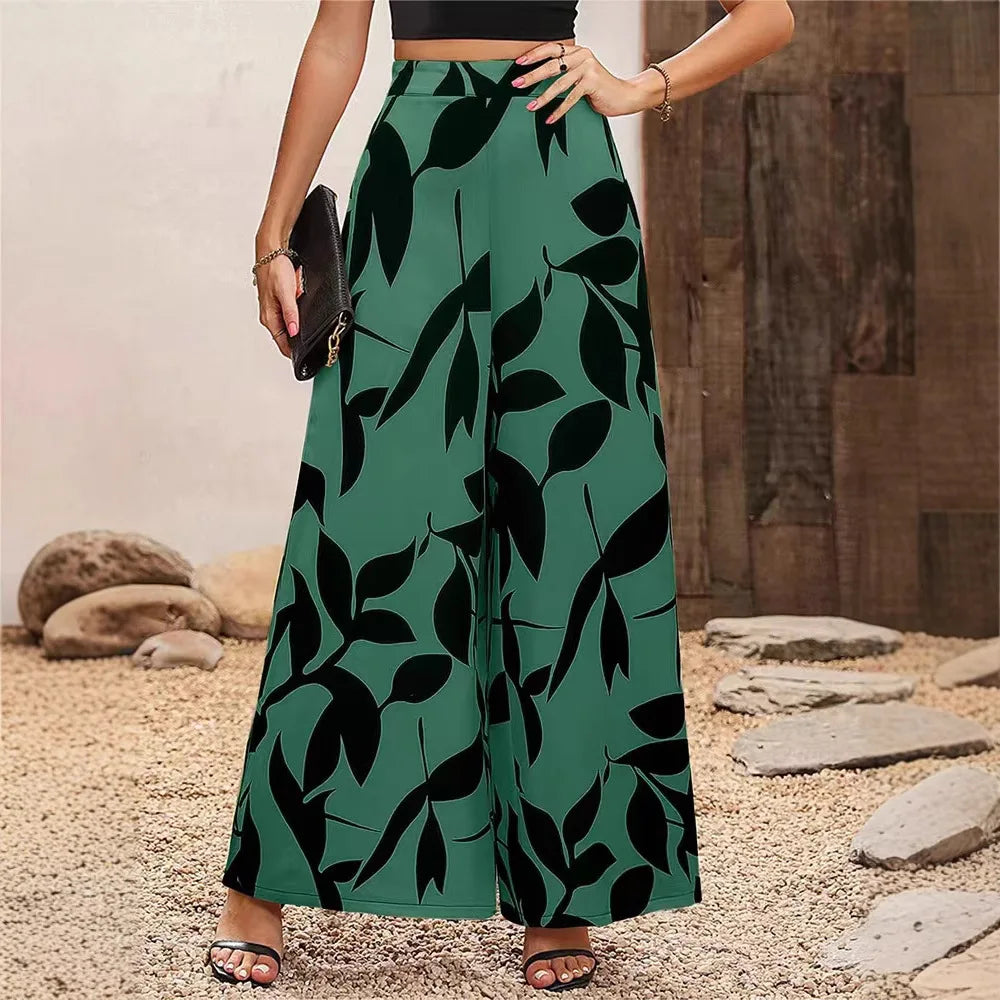 Women’s Leaf Print Wide Leg Casual Pants