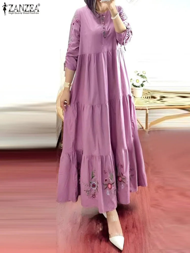 ZANZEA Floral Print Ruffle Hem Abaya Maxi Dress for Women
