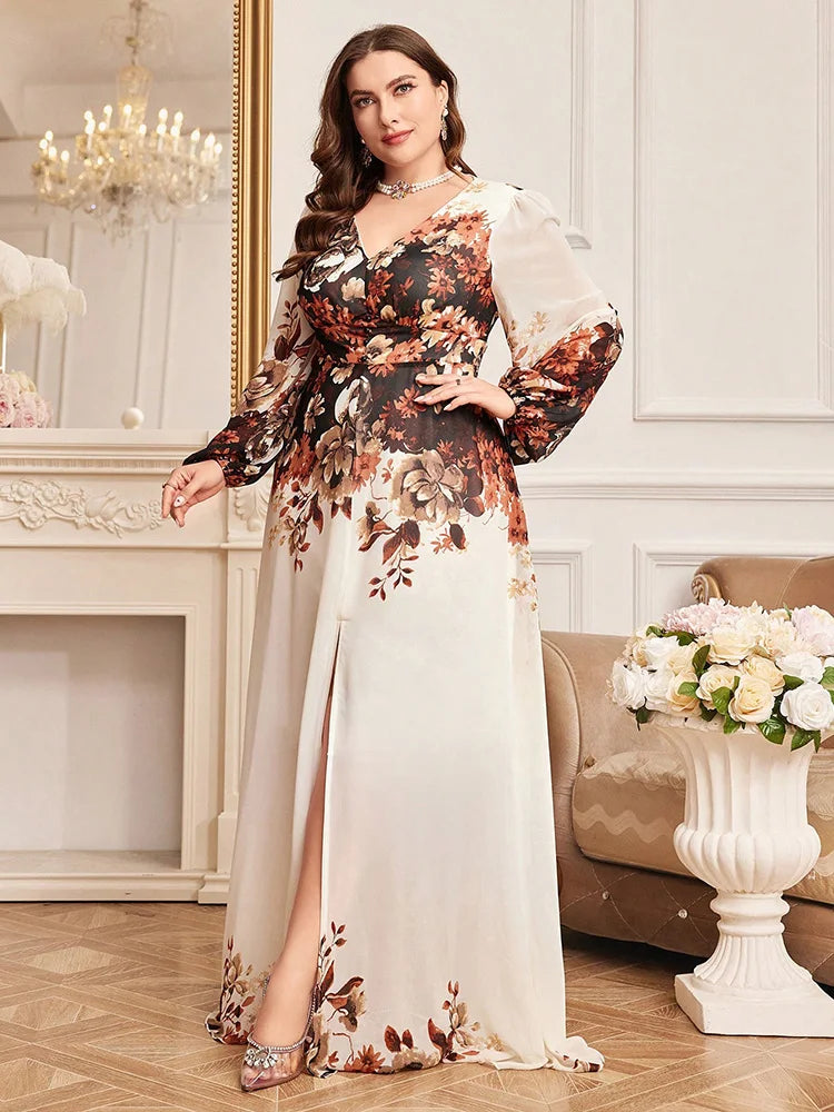 TOLEEN Plus Size Floral Print Lantern Sleeve Maxi Dress