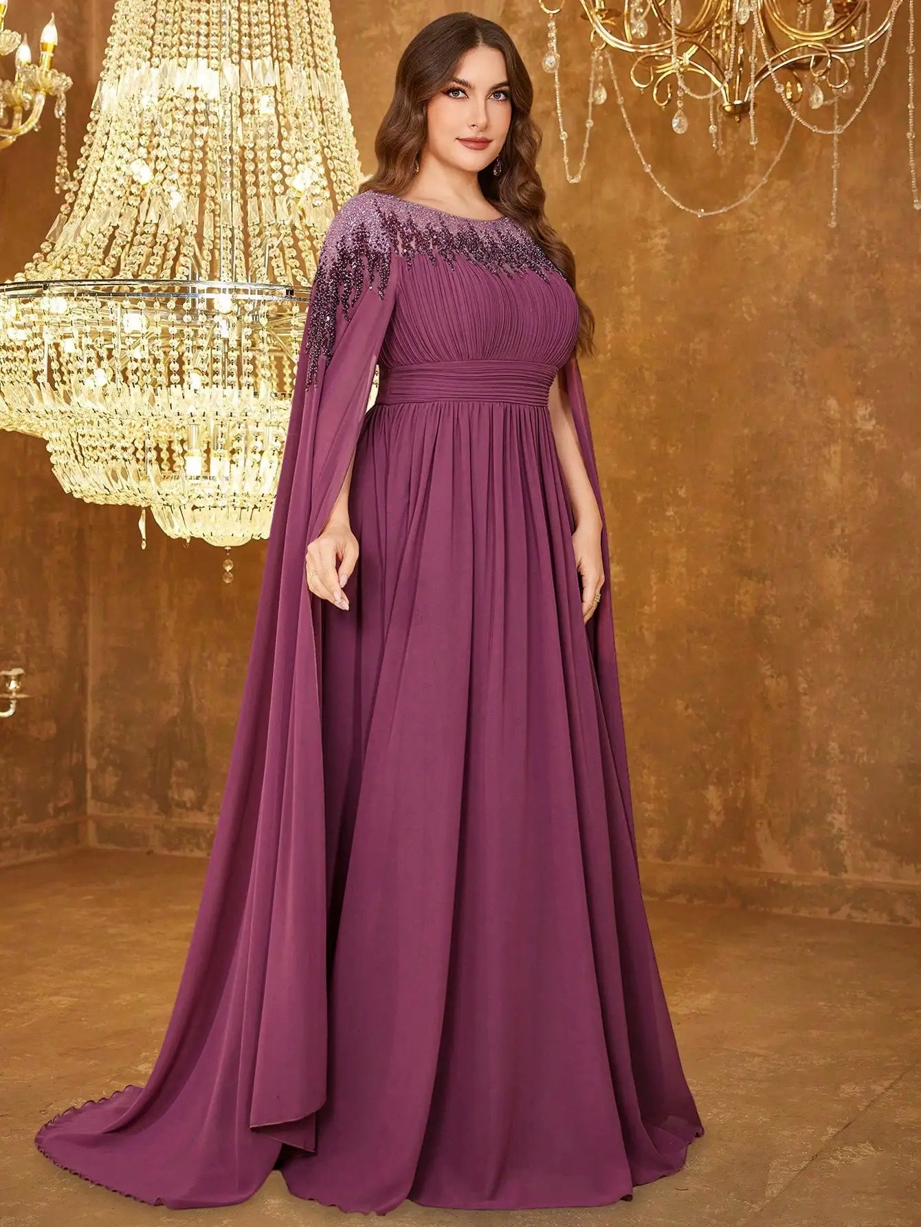 UNITHORSE Plus Size Sequin Cape Sleeve Evening Dress